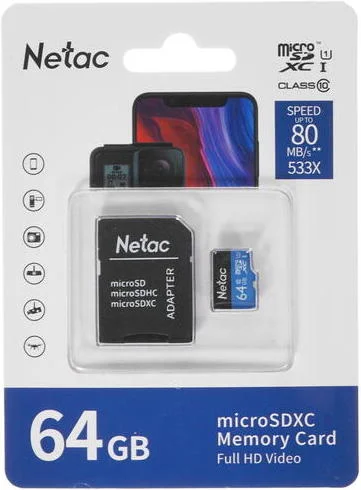 Карта памяти Netac 64GB microSD Class 10 + адаптер [NT02P500STN-064G-R]_1
