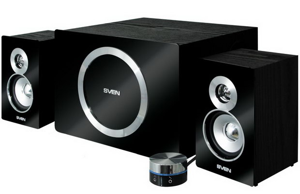 Фотография Колонки 2.1 Sven MS-1085 (2x13W+ 20W) (black), материал - дерево, проводной ПДУ