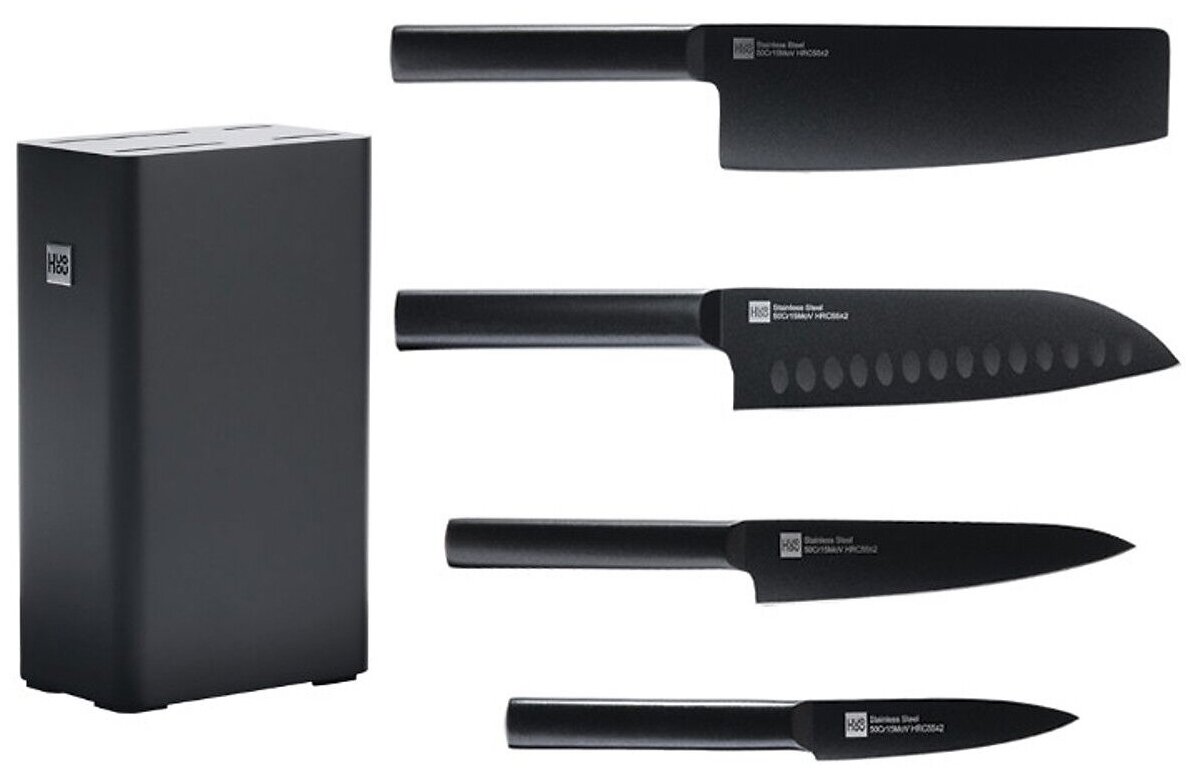 Набор кухонных ножей Xiaomi Huo Hou Heat Cool Black Non-stick Knife Set (4 ножа + подставка)_1