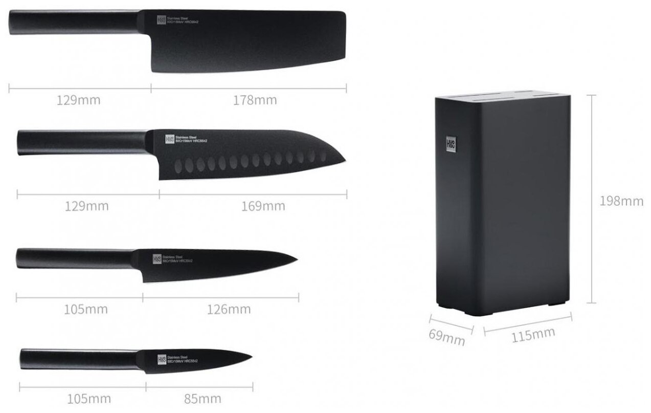 Набор кухонных ножей Xiaomi Huo Hou Heat Cool Black Non-stick Knife Set (4 ножа + подставка)_3